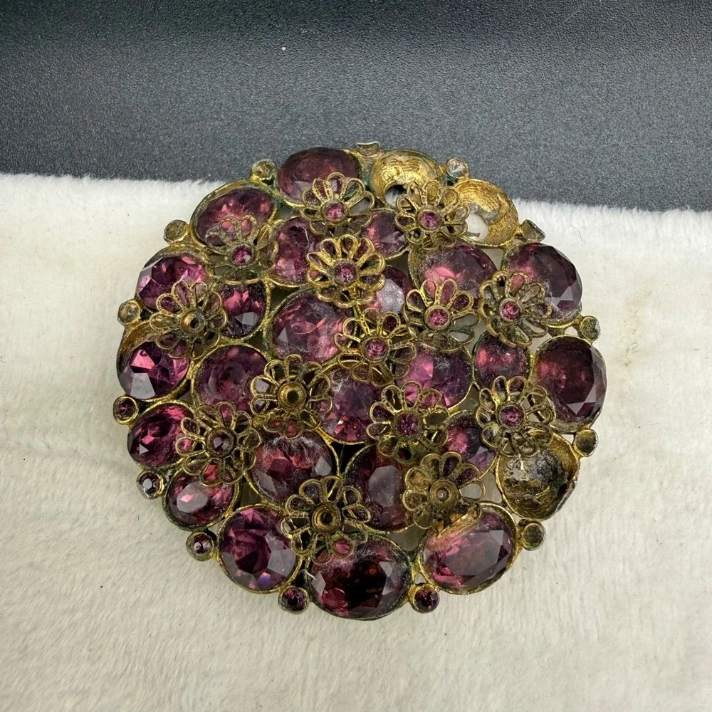 Vintage Rhinestone Brooch Gold Tone Purple Heavy WELL MADE  READ